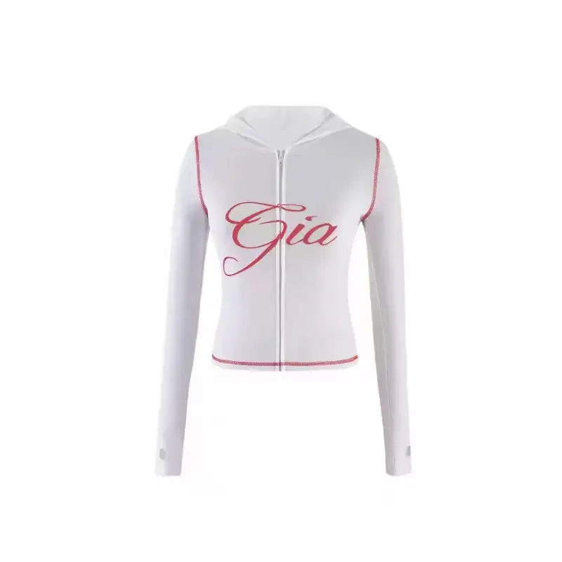 gia slim fit letter printed open thread design hooded zipper short jacket pants set