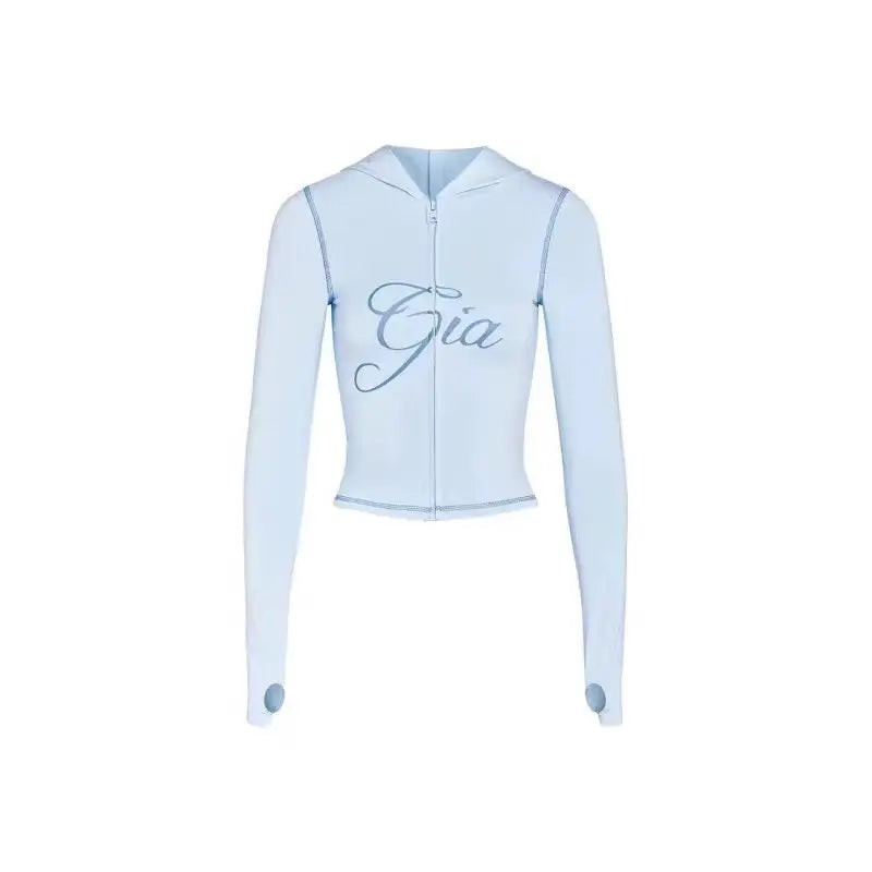 gia slim fit letter printed open thread design hooded zipper short jacket pants set