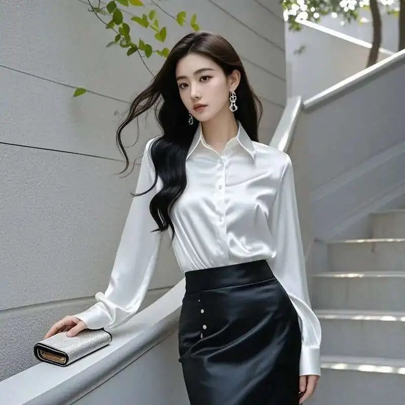 Elegant Silk Office Shirts Women Korean Fashion Y2k Clothes Slim Long Sleeve White Black Blusas Mujer Workwear Tops Blouses LS84