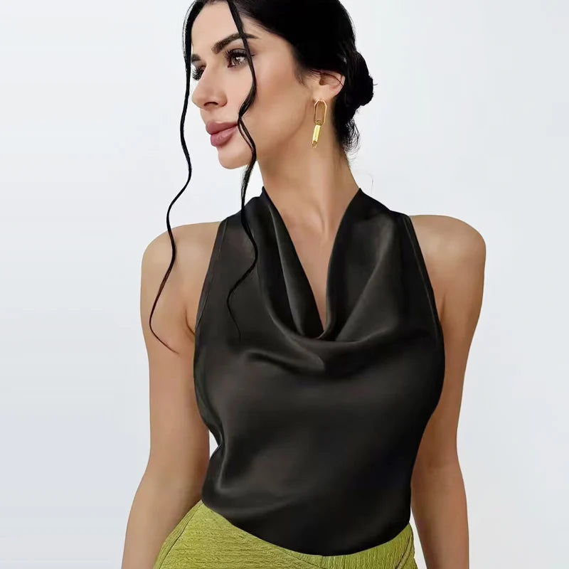 HXAO Satin Halter Top Women Summer 2025 Black Yellow Tanks & Camis Crop Smooth Off Shoulder Tank Top Sleeveless Backless Vests