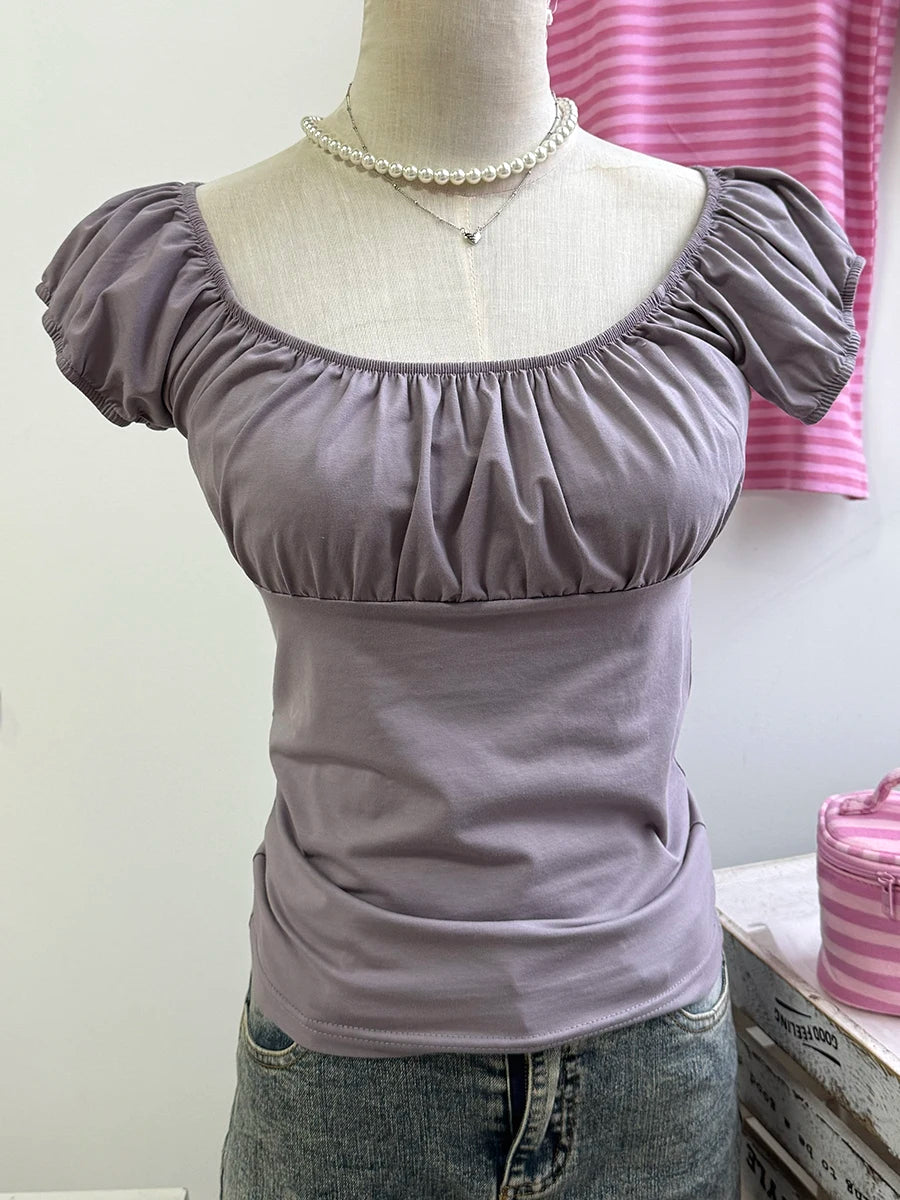 Pink Ruffle Slim Short Sleeve Tee Women Summer Square Collar Cotton Mesh Folds T-shirts Female Aesthetic Sweet Cute Y2K Tops New