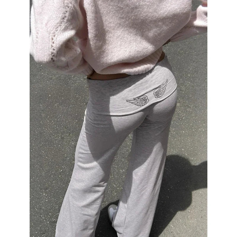 Spring autumn Women's Hoodie Trousers 2piece Set Solid Vintage Shiny Wing Print Long Sleeve Zip Up Casual Sweatshirt Streetwear