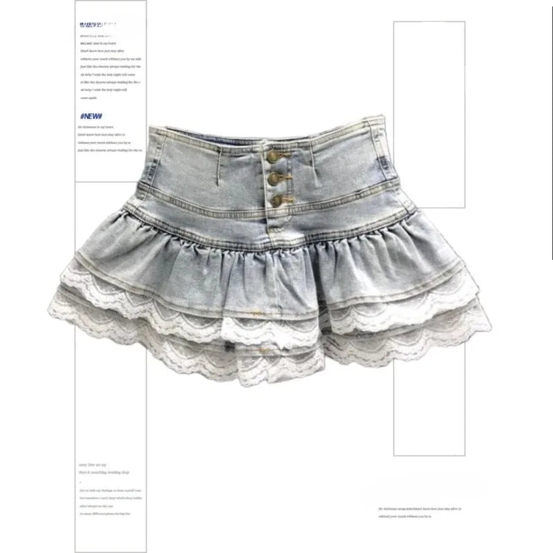 Woman Vintage Denim Pleated Skirt Lace Fold Design A-line Short Skirt Built in Shorts American Spicy Girl Korea Fashion Hotsweet