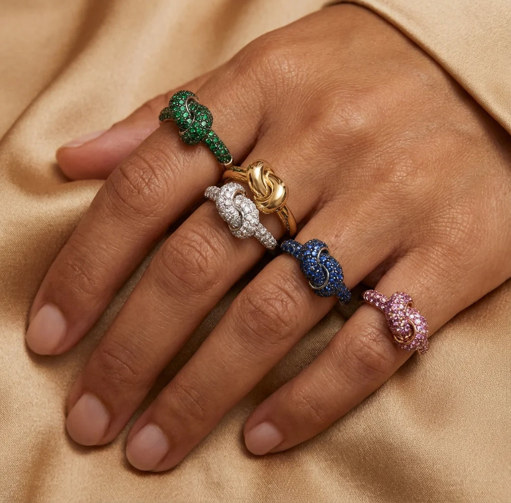Luxury Colorful CZ Knot Stainless Steel Ring for Women Gold Plated Statement Fashion Jewelry Wedding Party Gift Daily Wear Trend