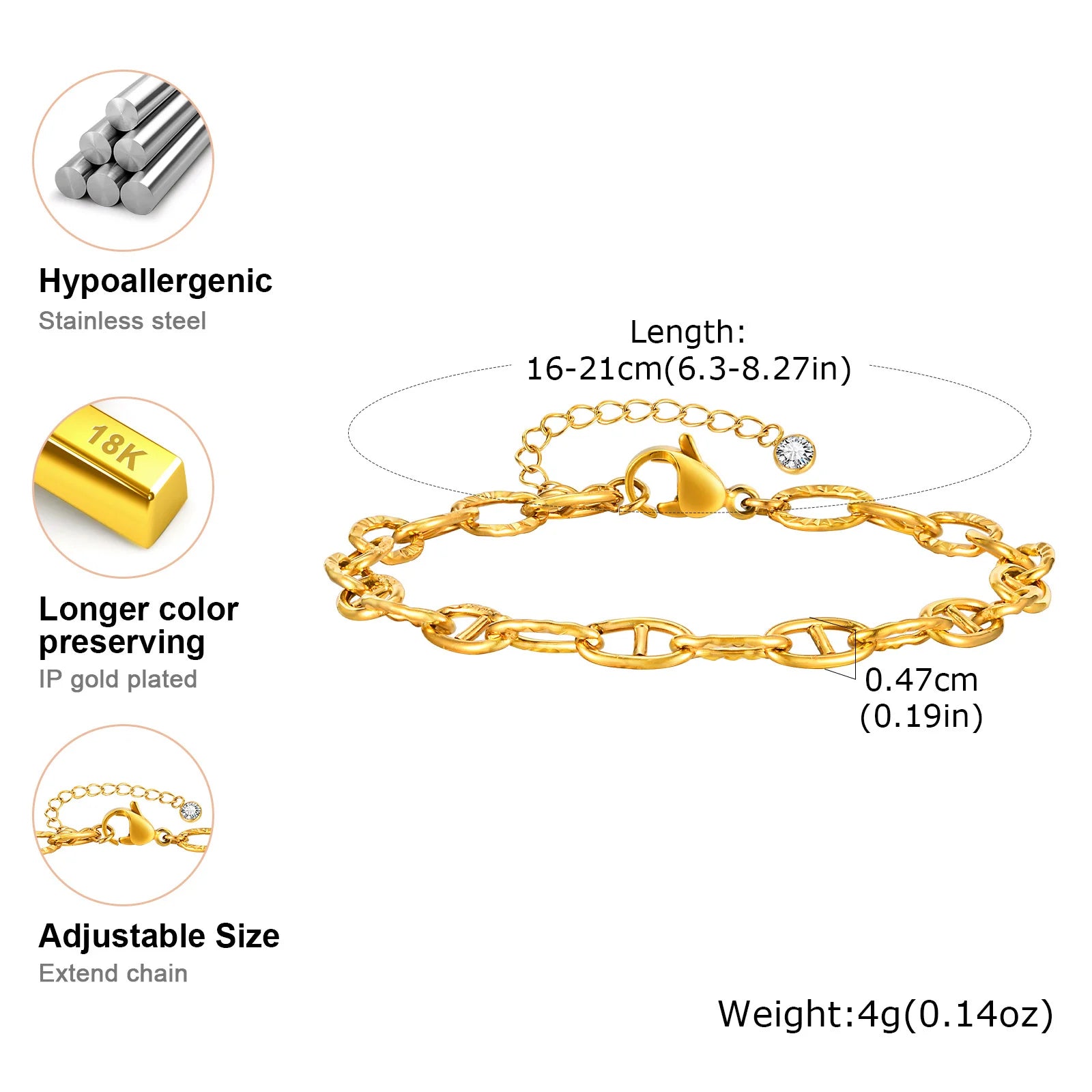 18K Gold Plated Link Bracelet for Women, Stainless Steel Stackable Chain Wristband, Adjustable Waterproof Jewelry