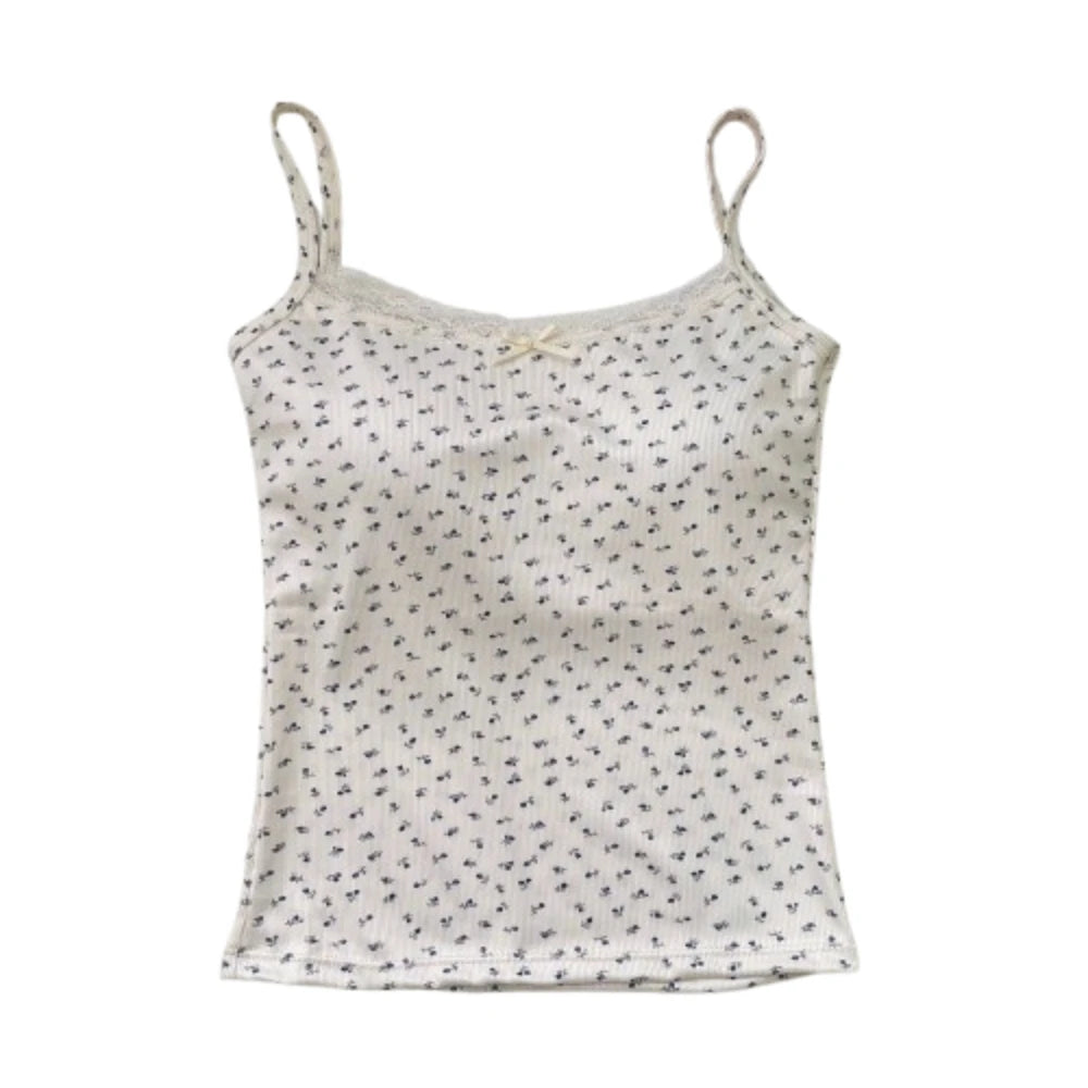 Elegant Sweet Floral Tank Tops Bowknot BM Style Lace Vest T-Shirt Bra Tops Casual Y2k Crop Top Spring Summer