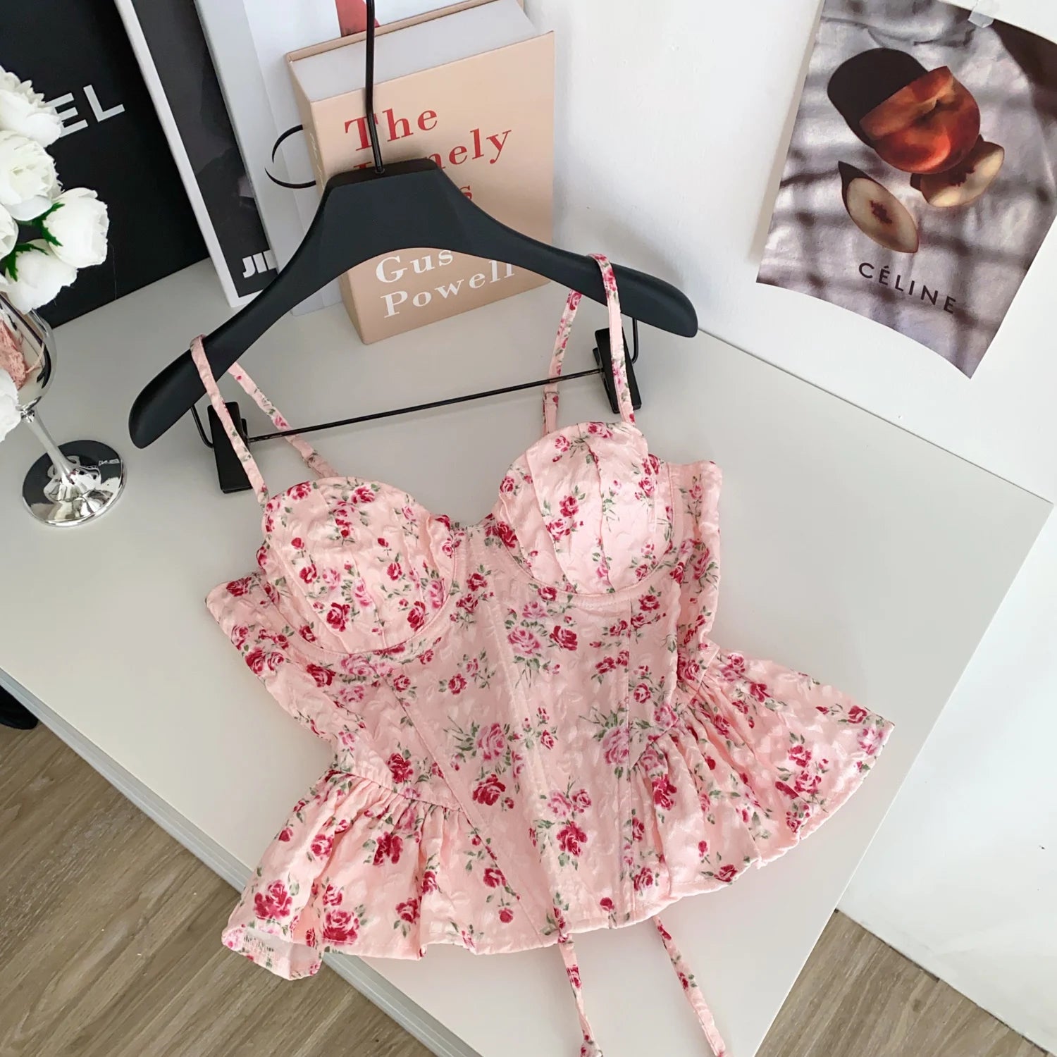 Sexy Slim  Corset ruffle print Chic Korean Camis Tank Top Basic Fashion Off Shoulder Summer Women Clothing