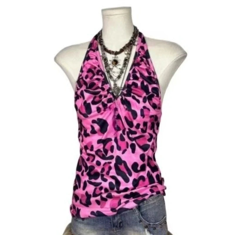 Summer Sweet Chic Design Lace Spliced Halter Tanks Slim Fit Flower Prints Hotsweet Backless Women Blouses Korean Fashion