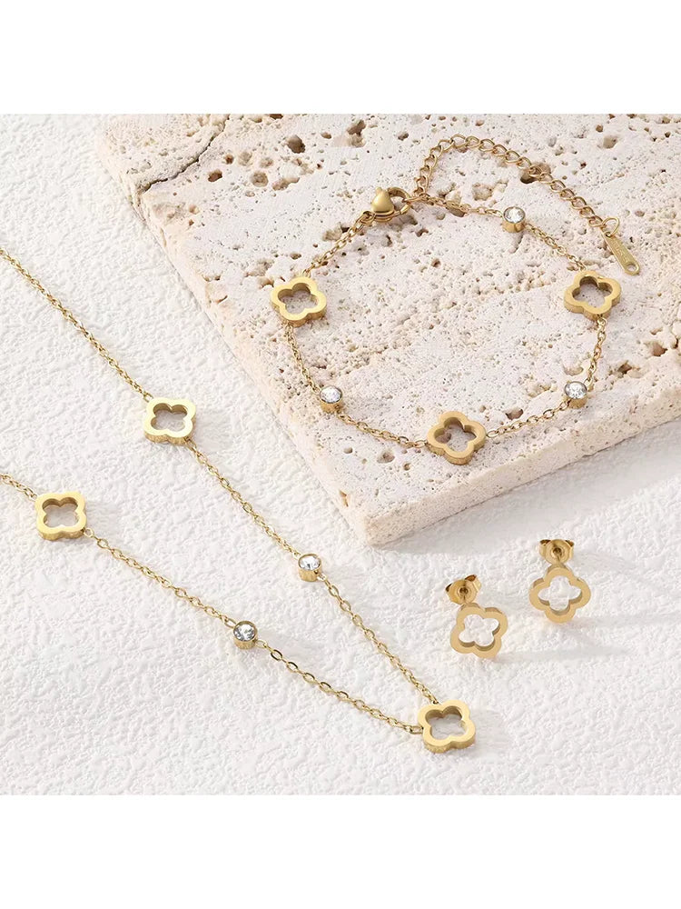 New Stainless Steel Hollow Clover Flower Necklace Bracelet Earnail Set for Women's Versatile Gift Accessories