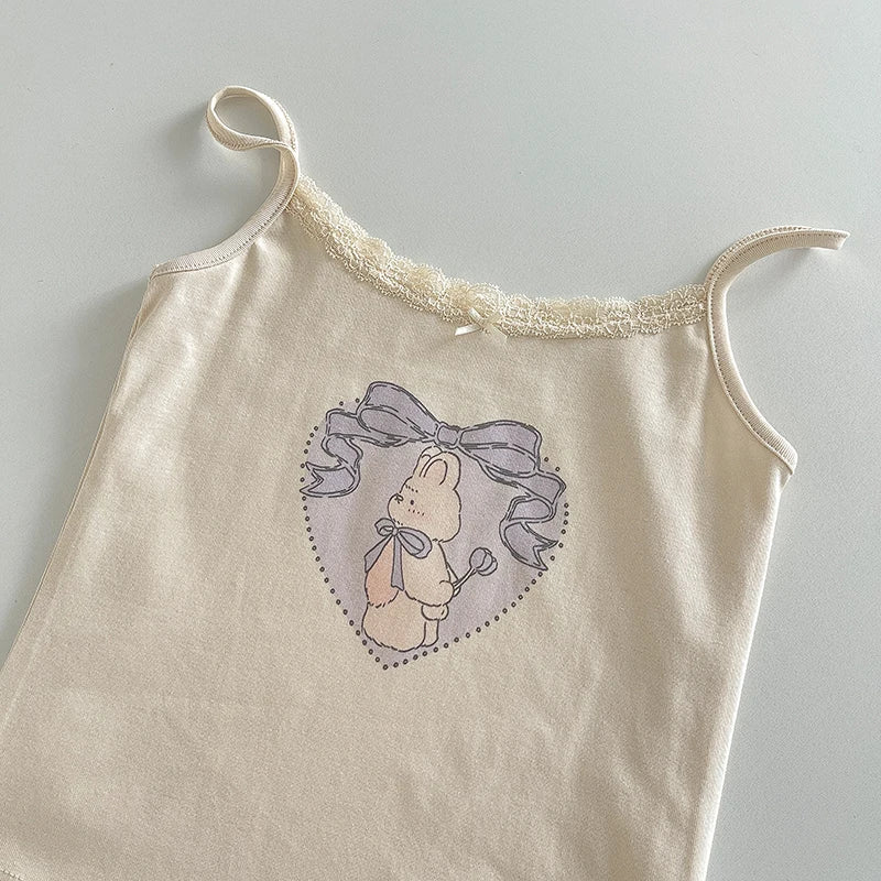 Cute Cartoon Lace Trim Tank Tops Women Summer New Slim Cotton Sleeveless Vests Vintage Sweet Preppy Style Camisole Y2K Clothes