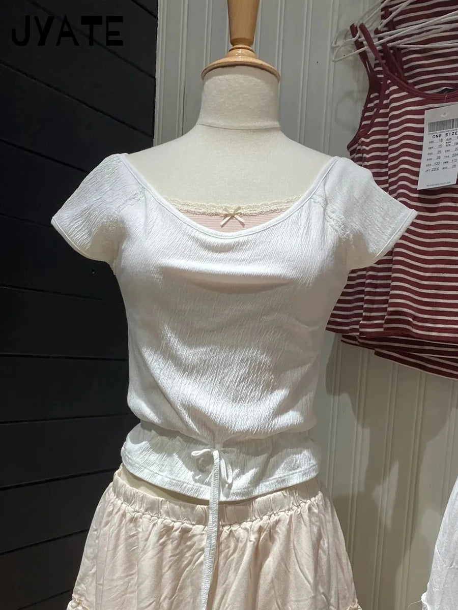 Pink Ruffle Slim Short Sleeve Tee Women Summer Square Collar Cotton Mesh Folds T-shirts Female Aesthetic Sweet Cute Y2K Tops New