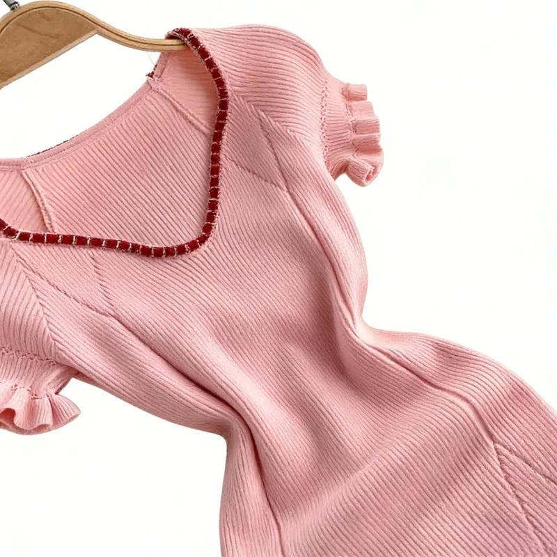 Women's Pink Short Sleeve Ruffle Trim V-Neck Sundress Trim Stretchy Ribbed Knit Bodycon Mini Dress Casual Party Clubwear Dress