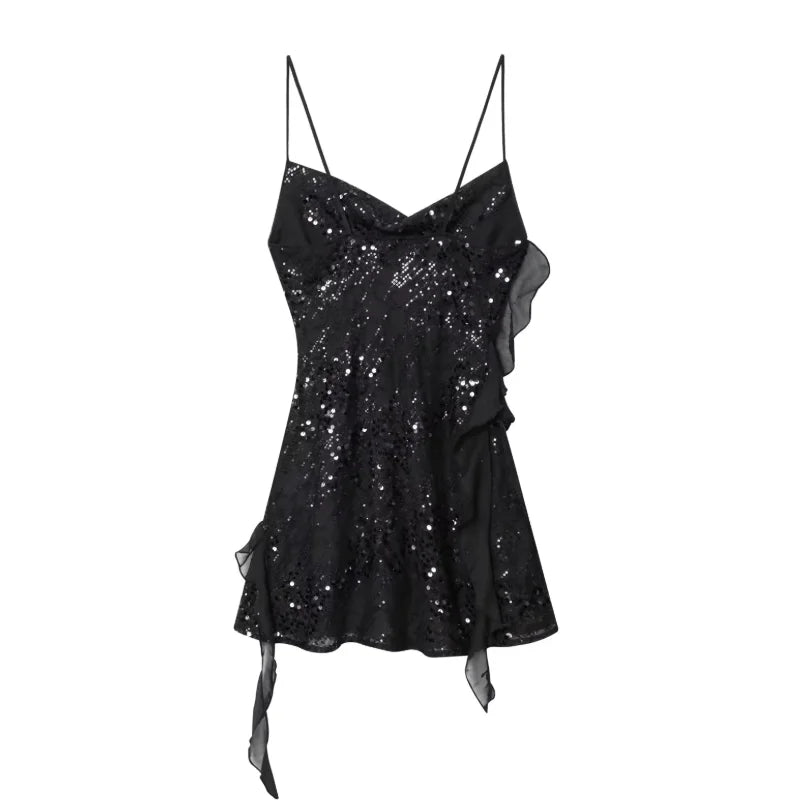 Women's Sequin Spaghetti Strap Dress Ruffle Hem Bodycon Mini Dresses Sexy Sparkly Party Club Night Out Short Cocktail Gown 2026