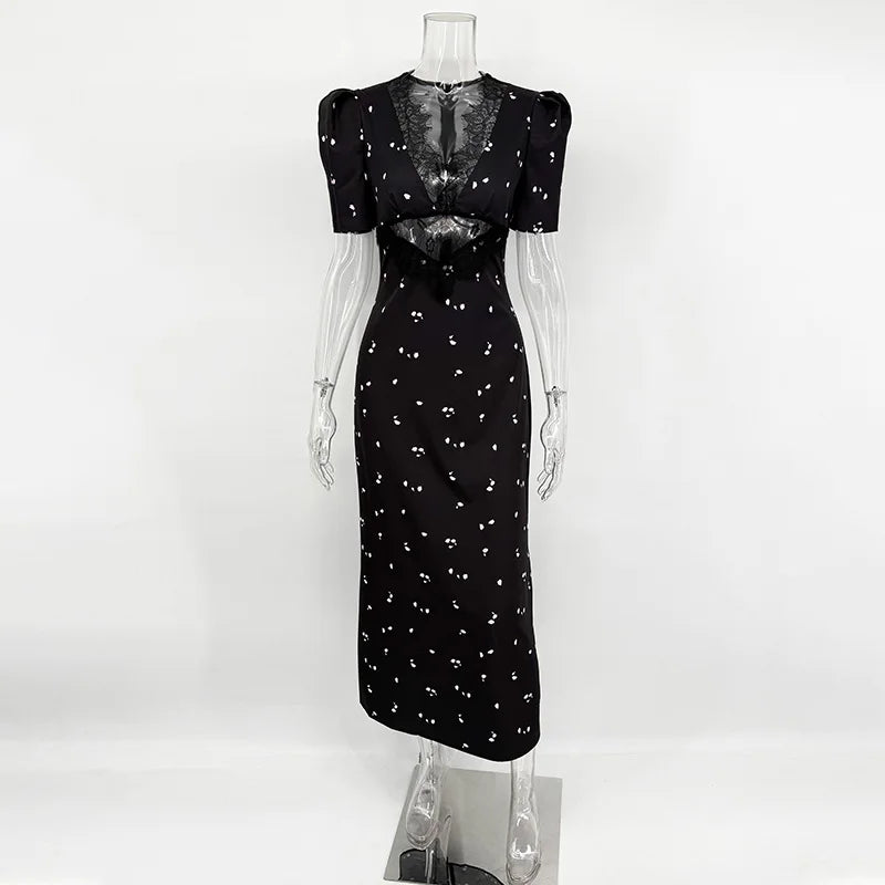 TARUXY Sexy Hollow Lace Dress Women's Fashion Short Sleeve Elegant High Waist Slim Print Dress Summer Party Club Clothes Female