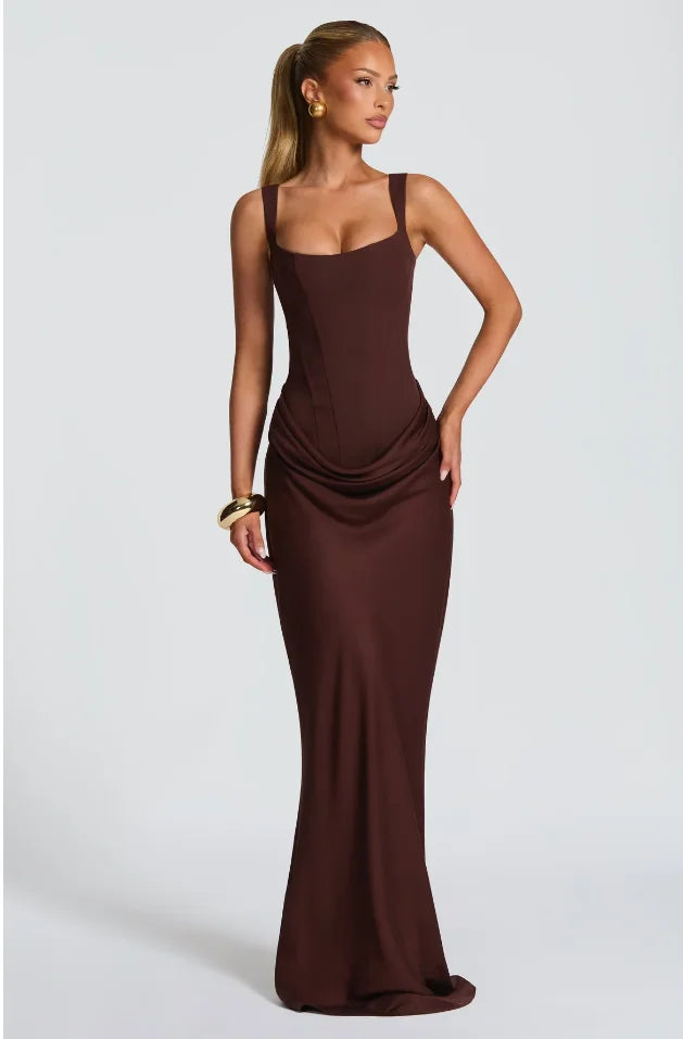 Yellow Strapless Pleated Women Split Maxi Dress Elegant Sleeveless Waist Cinching Slim Fit Dresses 2026 Lady Daily Party Gowns