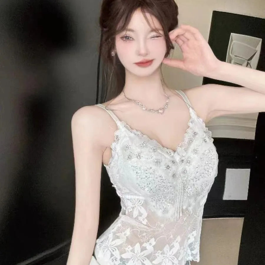 Sexy Lace Embellished Pure Desire Backless Tank Top Women's Summer Design Versatile Outerwear Short Sleeve  Color