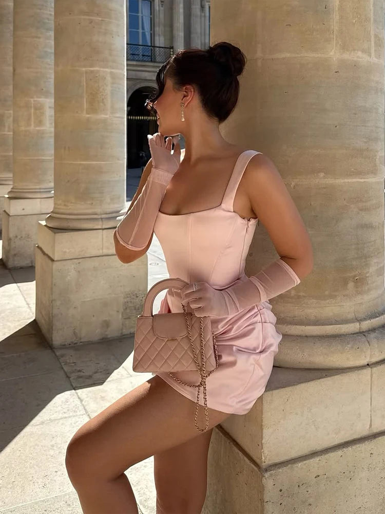 Women Sexy Square-neck Halter Mini Dress 2025 Pleated Sleeveless Backless High Waist Bodycon Dresses New Summer Lady Party Gowns