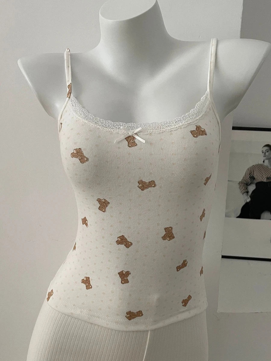 Floral Print Lace Trim Camis Women Summer New Bow Slim Sleeveless Crop Tops Vest Sweet Cute Sexy Preppy Style Tank Top Y2k Chic