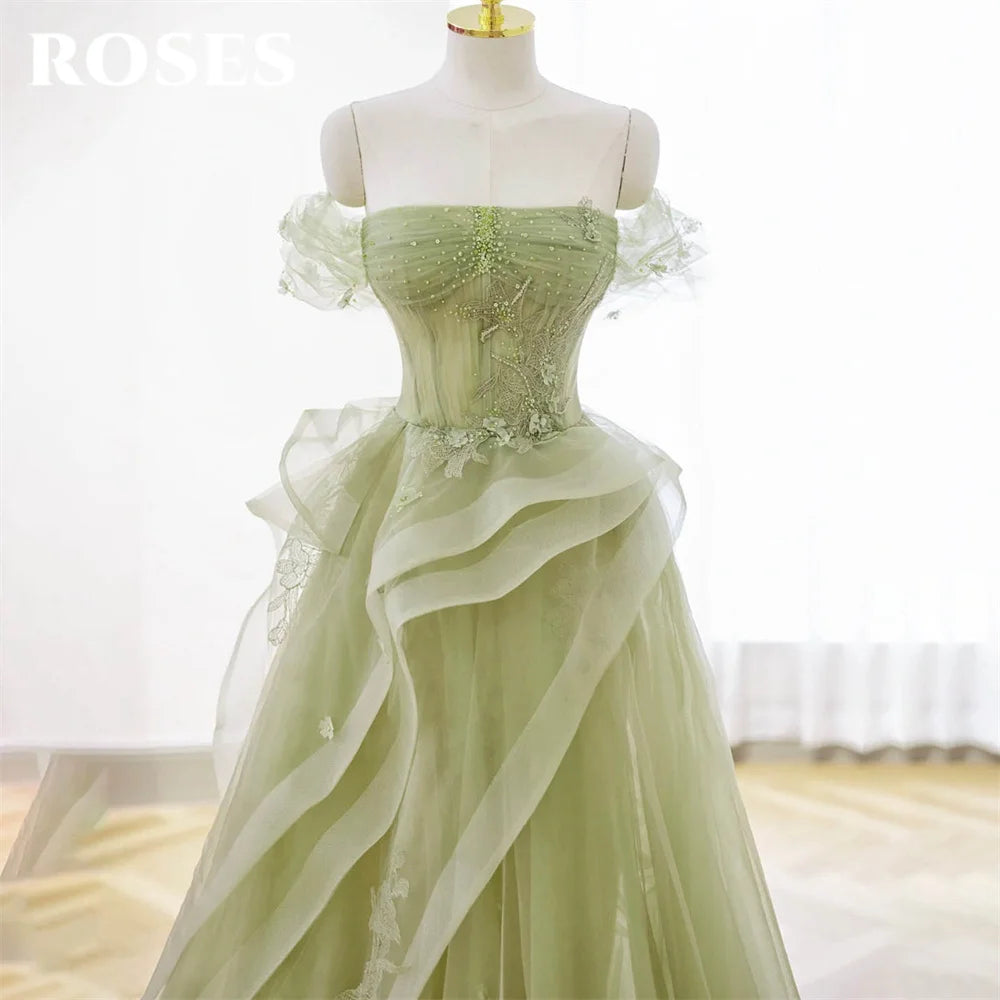 ROSES Sage Green Prom Dress Appliques Tulle Celebrity Dresses Tiered Pleat Women's Evening Dress Sweetheart Formal Gown 프롬 드