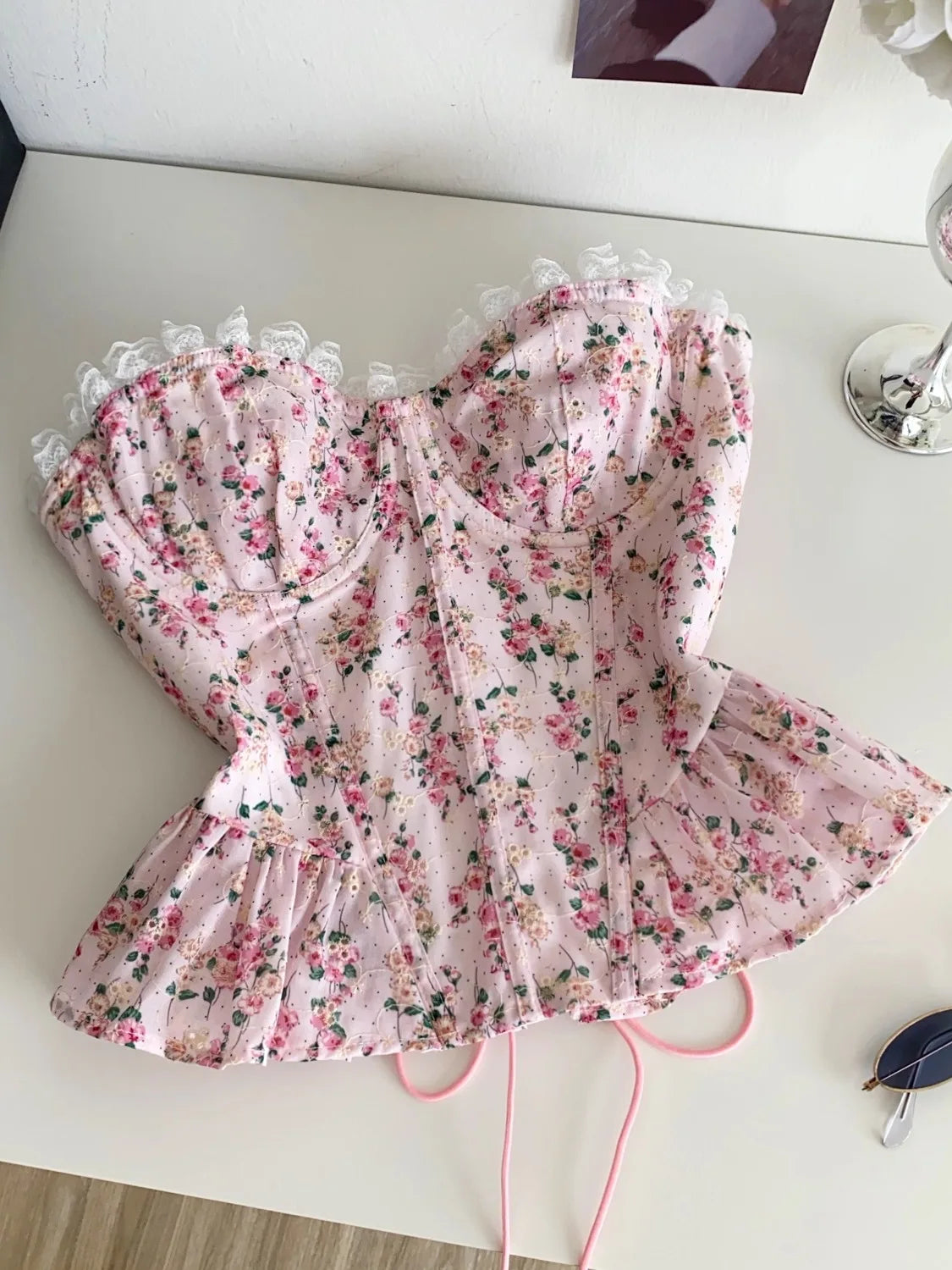 Dopne Floral Tie Waist Vest Women's Summer Lace Trim Belted Fibone Design Slimming Top Commute Sle Splice Edition