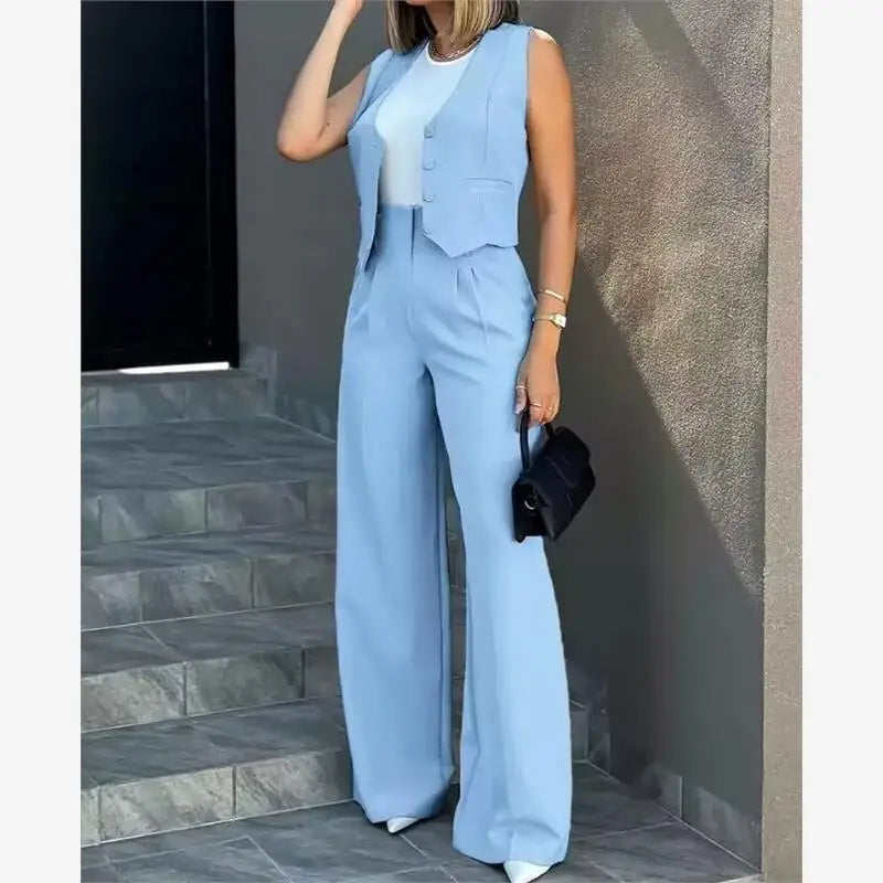 Fashionable Women's Casual Suit Set Wide Leg Pants Vest Two-Piece Outfit Chic Workwear Winter Office Ensemble for Middle-Aged...