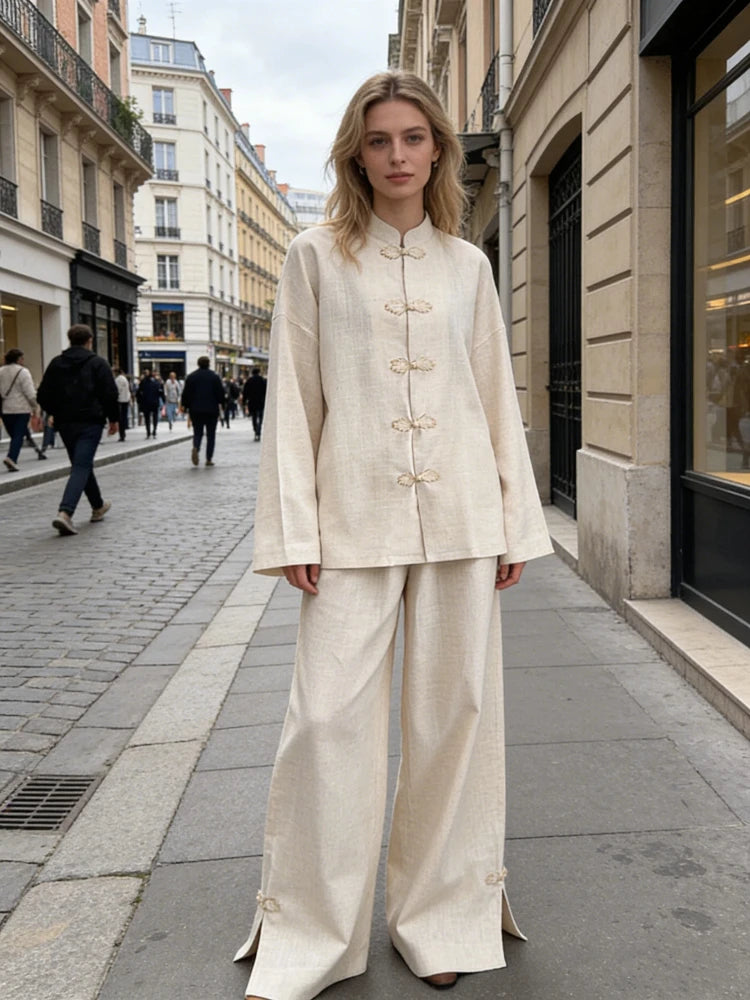 Cotton Lined Women's Pants Set Mandarin Collar Frog Button Full Sleeve Shirt Wide Leg Pant Suit Lady 2026 Spring Woman Outwear