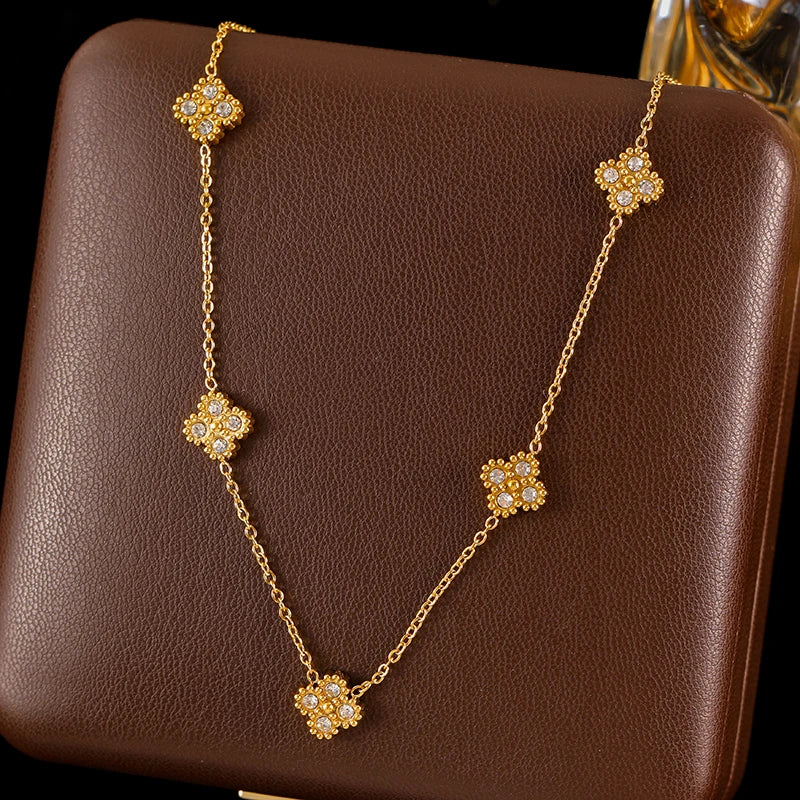 GANEMLY 316L Stainless Steel Clover Flower Zircon Necklace For Women 2025 Fashion Clavicle Neck Chain Waterproof Jewelry Gift