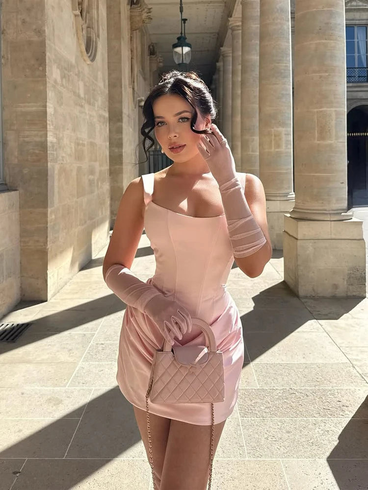Women Sexy Square-neck Halter Mini Dress 2025 Pleated Sleeveless Backless High Waist Bodycon Dresses New Summer Lady Party Gowns