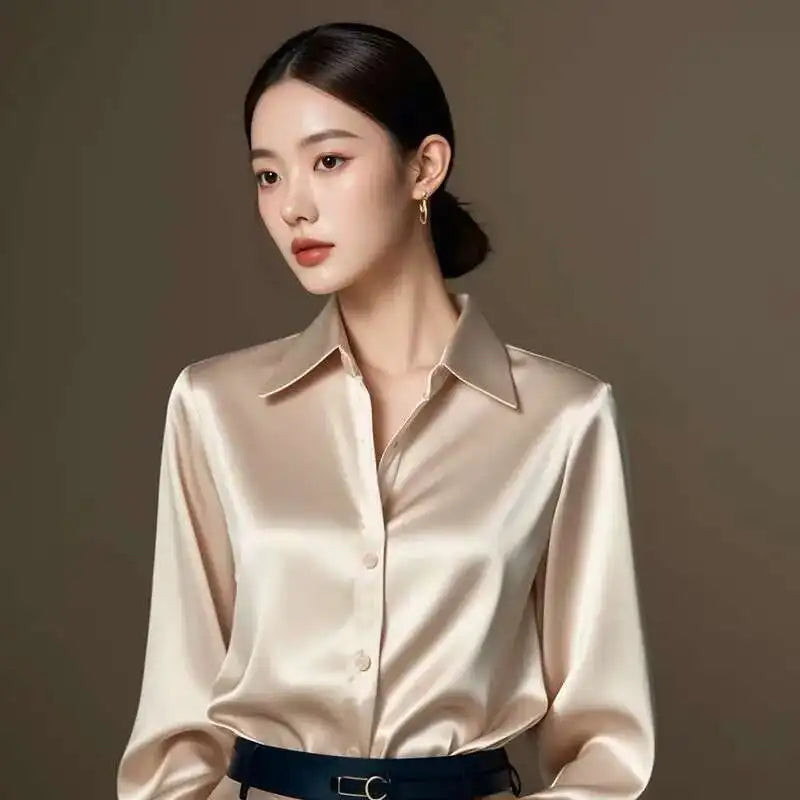 Elegant Silk Office Shirts Women Korean Fashion Y2k Clothes Slim Long Sleeve White Black Blusas Mujer Workwear Tops Blouses LS84