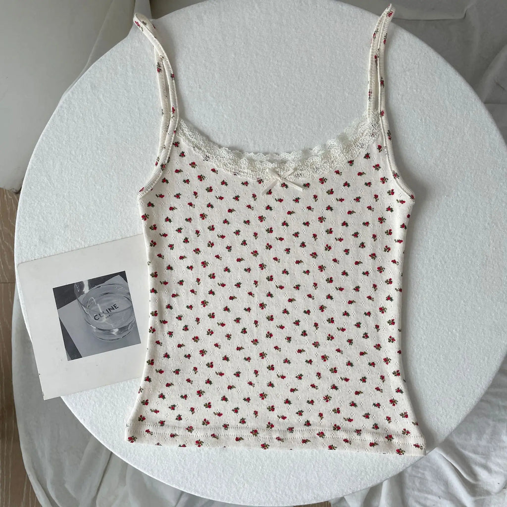 Floral Print Lace Trim Camis Women Summer New Bow Slim Sleeveless Crop Tops Vest Sweet Cute Sexy Preppy Style Tank Top Y2k Chic