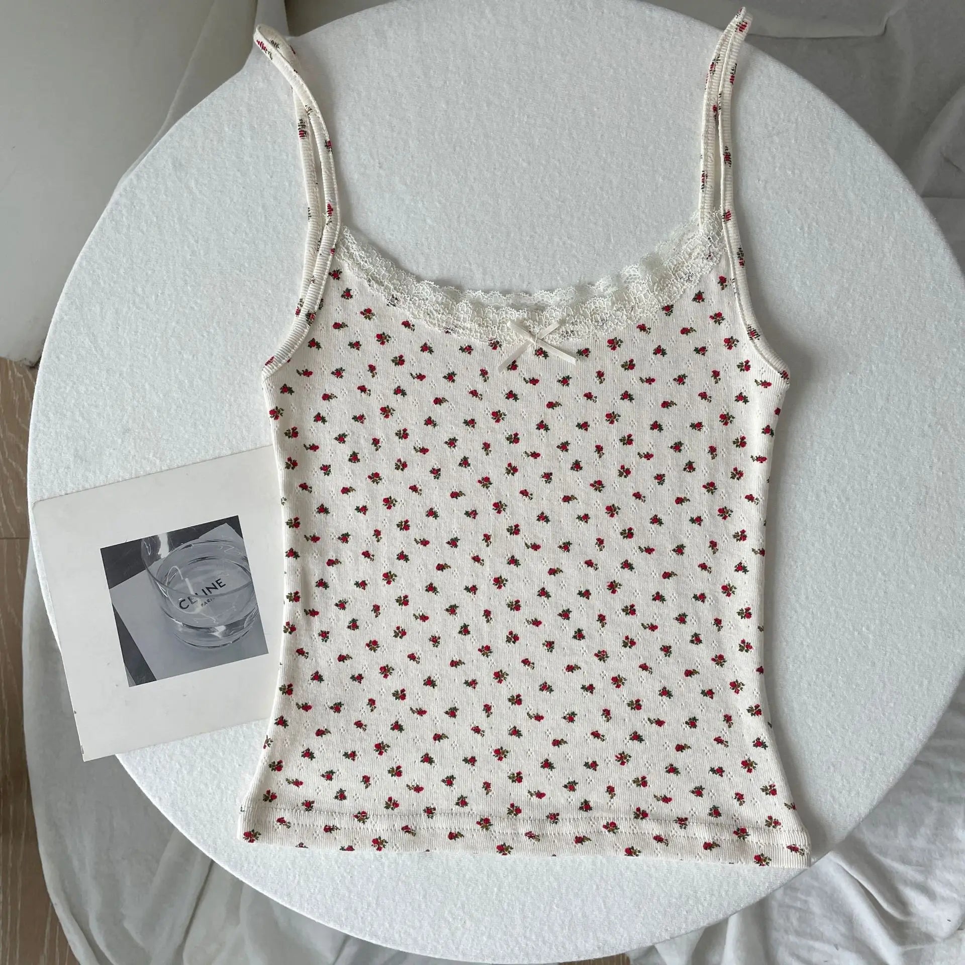 Floral Print Lace Trim Camis Women Summer New Bow Slim Sleeveless Crop Tops Vest Sweet Cute Sexy Preppy Style Tank Top Y2k Chic