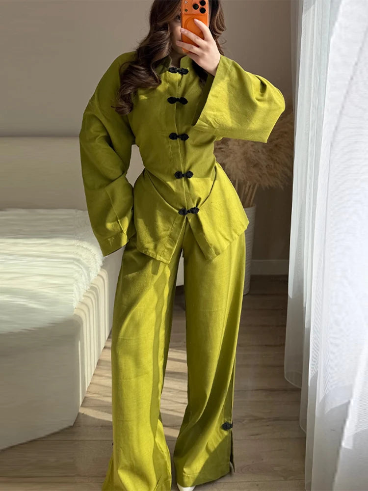 Cotton Lined Women's Pants Set Mandarin Collar Frog Button Full Sleeve Shirt Wide Leg Pant Suit Lady 2026 Spring Woman Outwear