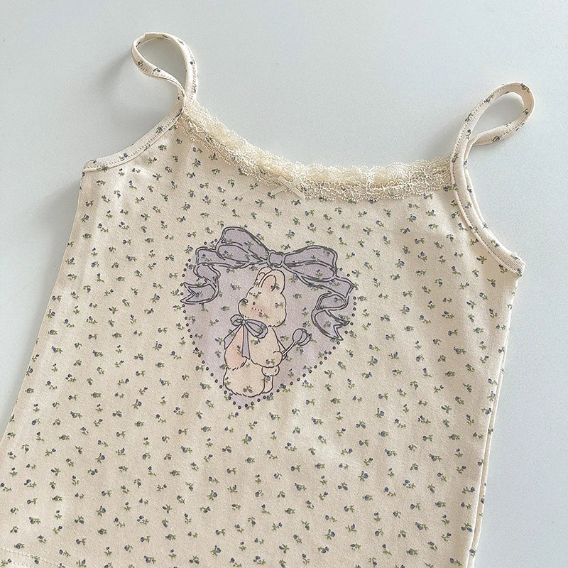 Cute Cartoon Lace Trim Tank Tops Women Summer New Slim Cotton Sleeveless Vests Vintage Sweet Preppy Style Camisole Y2K Clothes