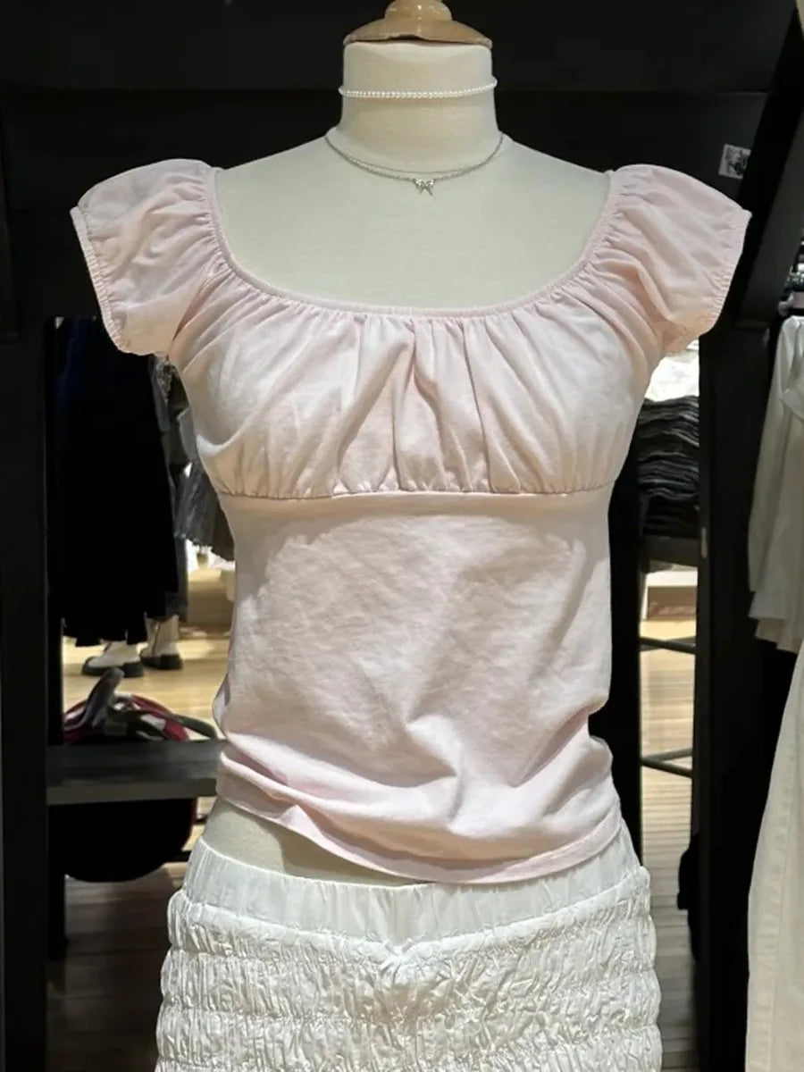Pink Ruffle Slim Short Sleeve Tee Women Summer Square Collar Cotton Mesh Folds T-shirts Female Aesthetic Sweet Cute Y2K Tops New