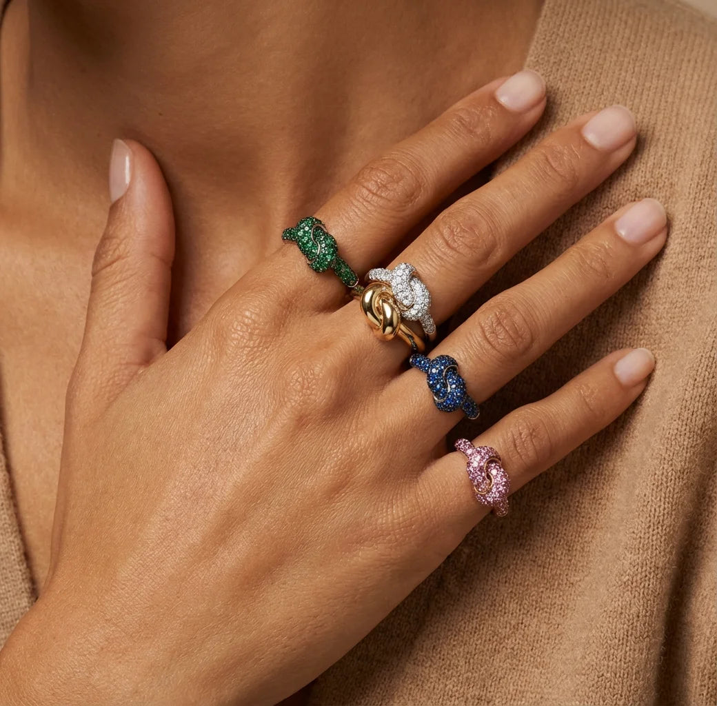 Luxury Colorful CZ Knot Stainless Steel Ring for Women Gold Plated Statement Fashion Jewelry Wedding Party Gift Daily Wear Trend