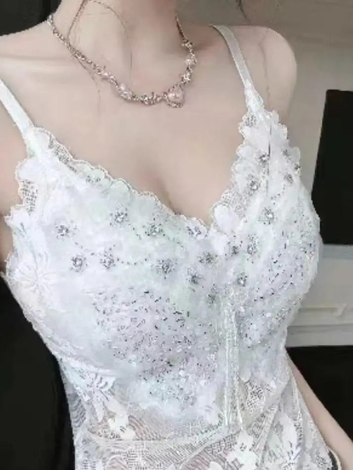 Sexy Lace Embellished Pure Desire Backless Tank Top Women's Summer Design Versatile Outerwear Short Sleeve  Color