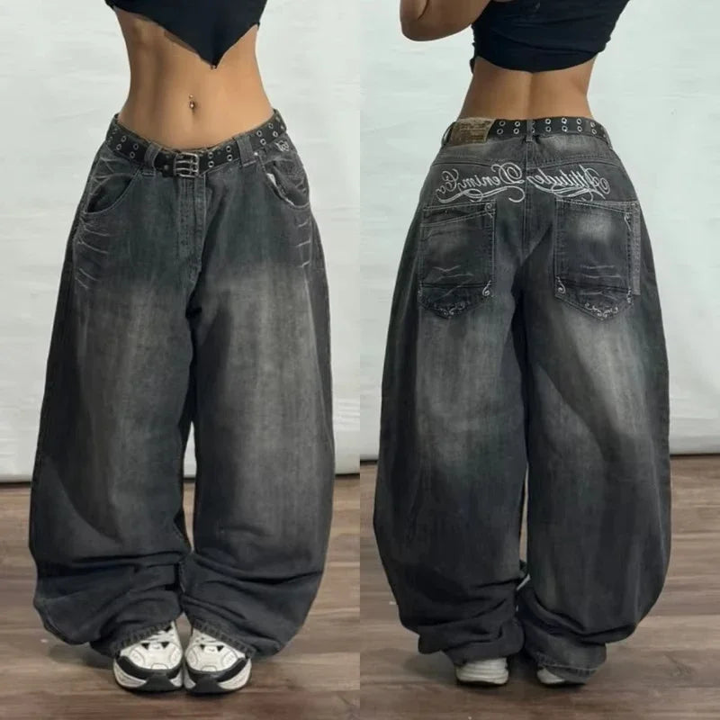 American Fashion Trend Joker Pattern Embroidered Loose Jeans Women Street Y2K New Hip Hop Oversized Wide-leg Pants Unisex Jeans