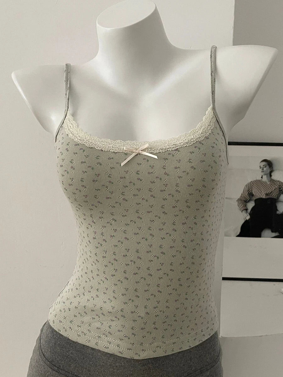 Floral Print Lace Trim Camis Women Summer New Bow Slim Sleeveless Crop Tops Vest Sweet Cute Sexy Preppy Style Tank Top Y2k Chic
