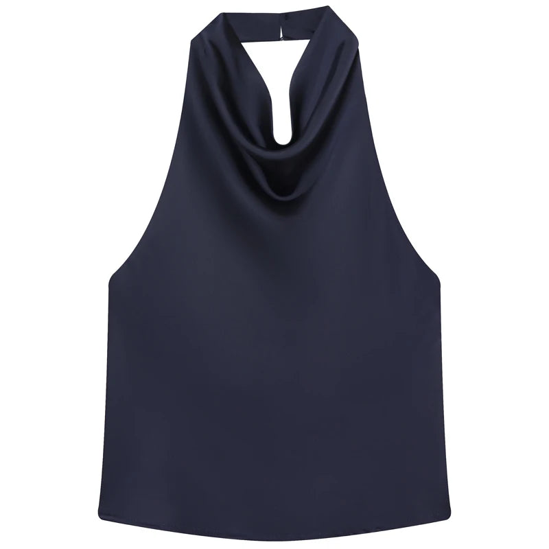 HXAO Satin Halter Top Women Summer 2025 Black Yellow Tanks & Camis Crop Smooth Off Shoulder Tank Top Sleeveless Backless Vests