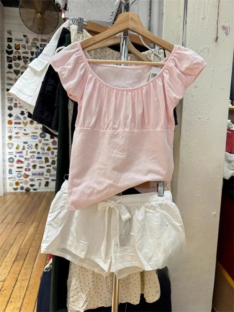 Pink Ruffle Slim Short Sleeve Tee Women Summer Square Collar Cotton Mesh Folds T-shirts Female Aesthetic Sweet Cute Y2K Tops New