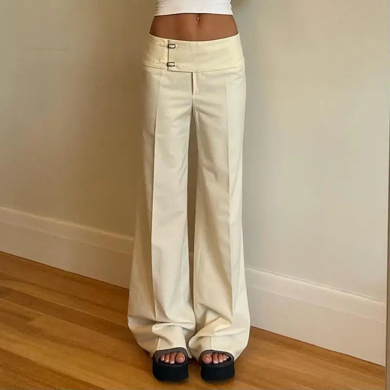 Vintage Y2K Korean Streetwear Pants Woman Low Rise Straight Loose Beige Trousers Button Up Basic 2000S Women Casual Pants