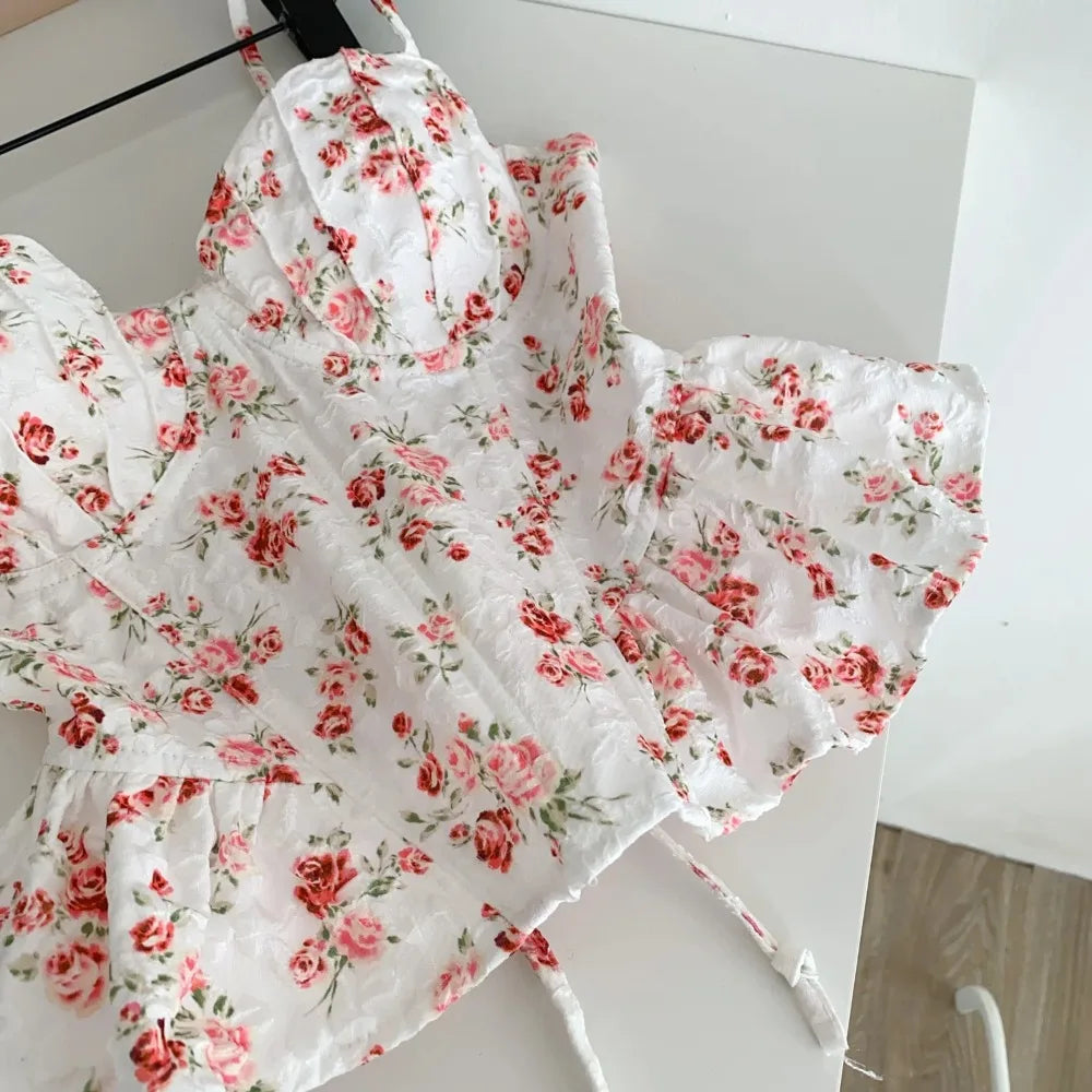 Sexy Slim  Corset ruffle print Chic Korean Camis Tank Top Basic Fashion Off Shoulder Summer Women Clothing