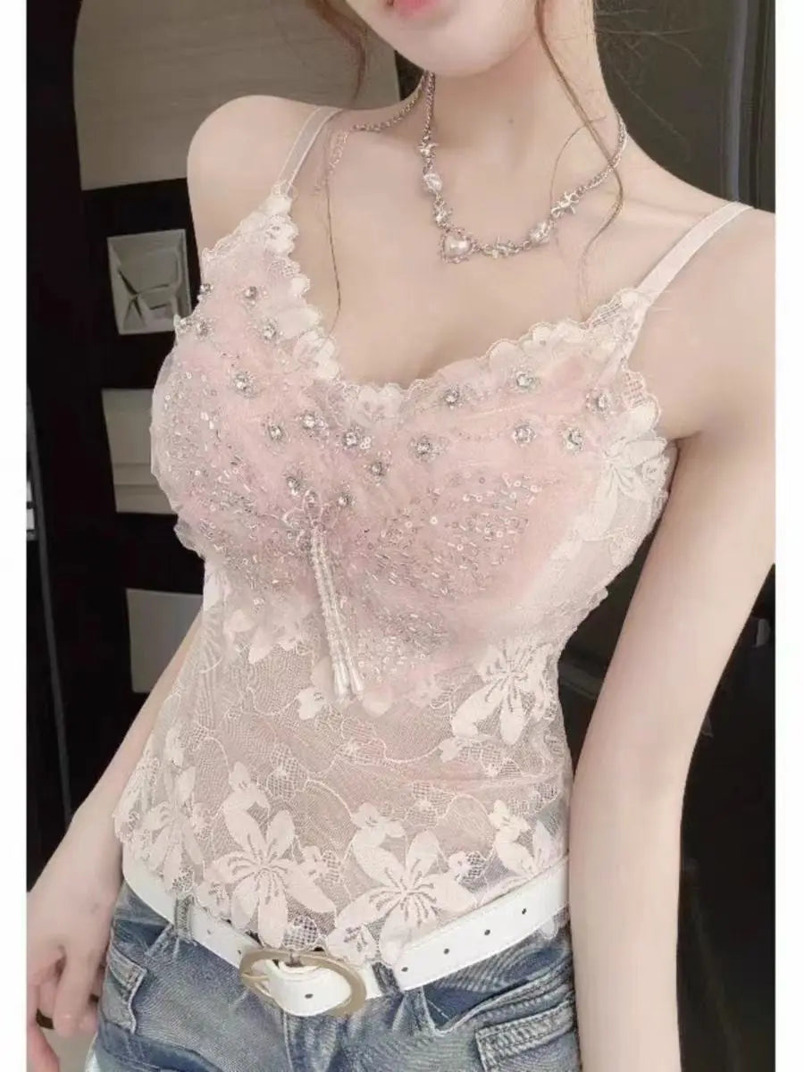 Sexy Lace Embellished Pure Desire Backless Tank Top Women's Summer Design Versatile Outerwear Short Sleeve  Color