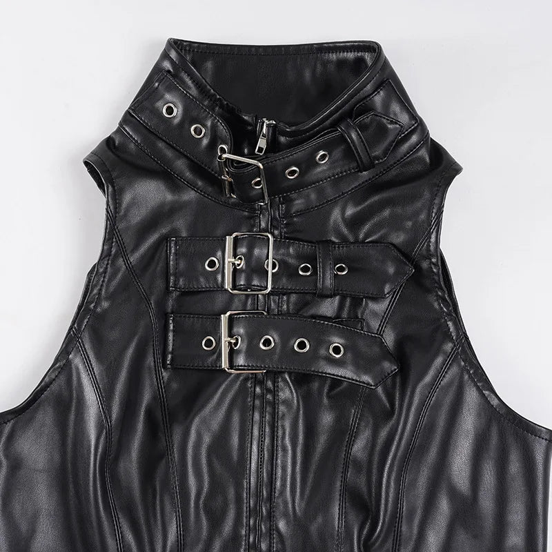 Punk Street Style Spice Girl Turtleneck Metal Buckle Pu Leather Vest Slim Fit Sexy Short Sleeveless Top