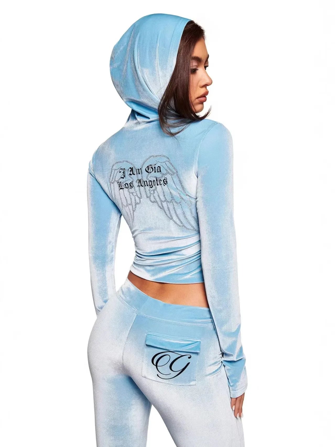 GIA New Velvet Zip-Up Hooded Jacket & Relaxed Loose Slim-Fit Pants Comfortable Minimalist Set in Blue