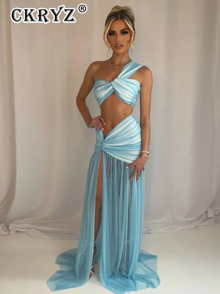Ladies Summer Sexy Skirt Two Piece Sets Women One Shoulder Crop Top And Maxi Skirt Female Elegant Beach Club Party 2 Piece Set
