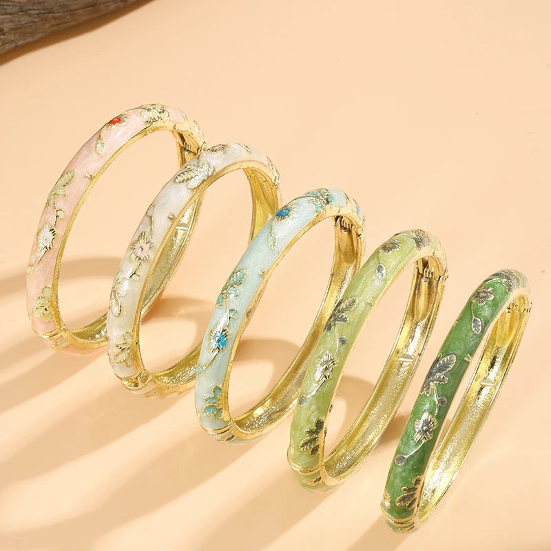 FTCY 5PCS Fine Small Flower Cloisonne Enamel Bangles For Women Vintage Bohemian Oil-drop bracelet Elegant Jewelry Gifts