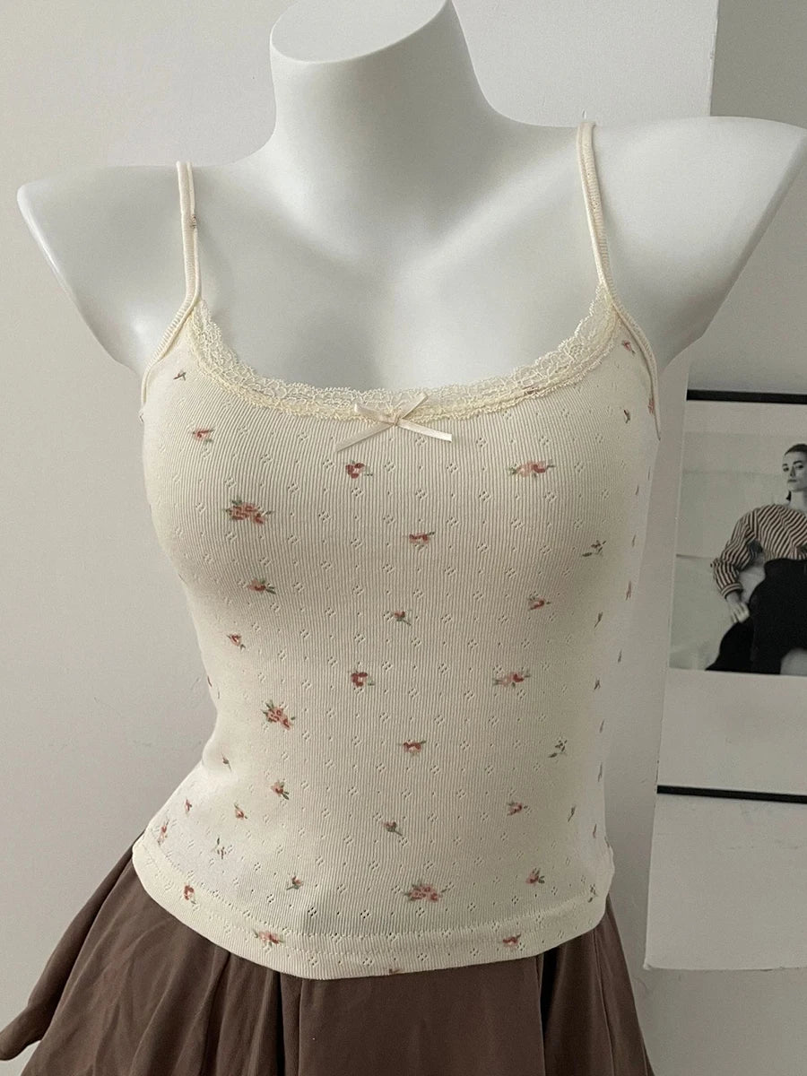 Floral Print Lace Trim Camis Women Summer New Bow Slim Sleeveless Crop Tops Vest Sweet Cute Sexy Preppy Style Tank Top Y2k Chic