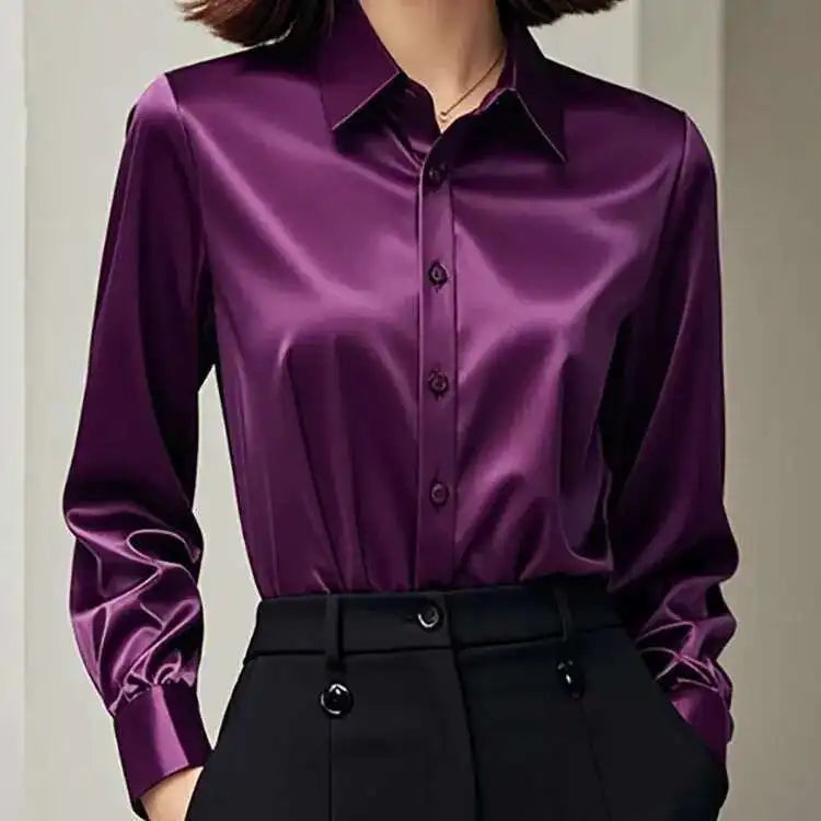 Elegant Silk Office Shirts Women Korean Fashion Y2k Clothes Slim Long Sleeve White Black Blusas Mujer Workwear Tops Blouses LS84