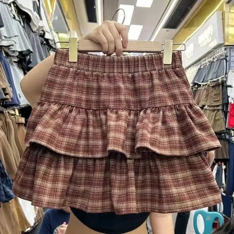 Woman Vintage Denim Pleated Skirt Lace Fold Design A-line Short Skirt Built in Shorts American Spicy Girl Korea Fashion Hotsweet